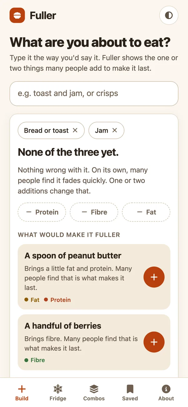 Fuller screenshot: a meal typed in with two additions suggested to make it hold you longer