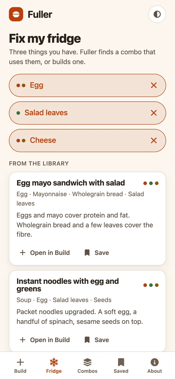 Fuller screenshot: three ingredients typed into Fix my fridge with a combo suggested